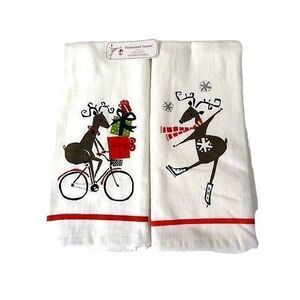 Peppermint Square Kitchen Towels Ice Skating Deer and Bicycle 2-Pc Holiday Gift